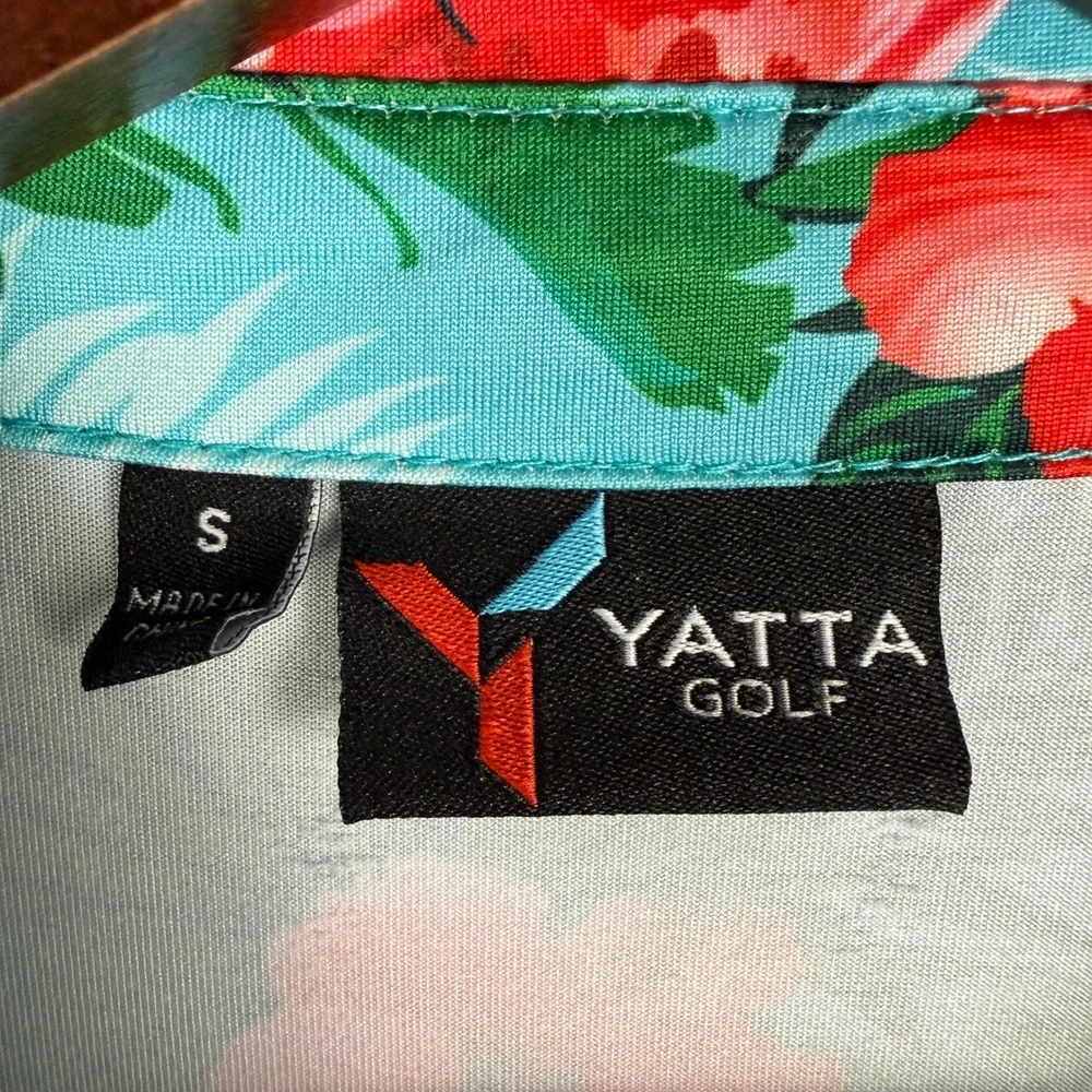 Yatta Golf Mens S‎ Flamingo Tropical Floral Performance Polo Shirt Turquoise AOP